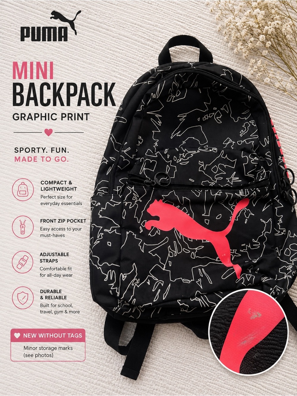 PUMA Graphic Print Mini Backpack Black Pink Logo OSFA